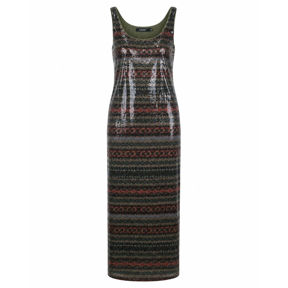 Lauren Ralph Lauren Sequin Maxi‎ Dress 12 Geo Olive Rust Black Boho Evening Gown